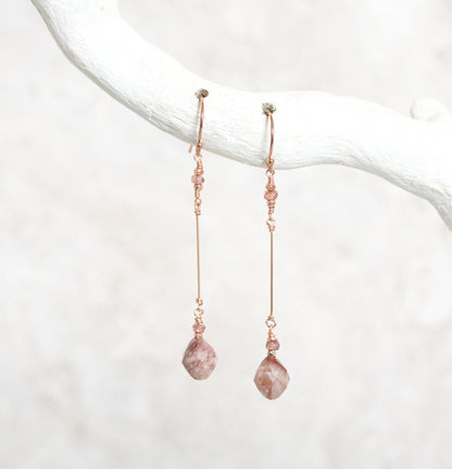 Fossilized Wood Rose Gold Drop Earrings: Gemstone Dangle Earrings