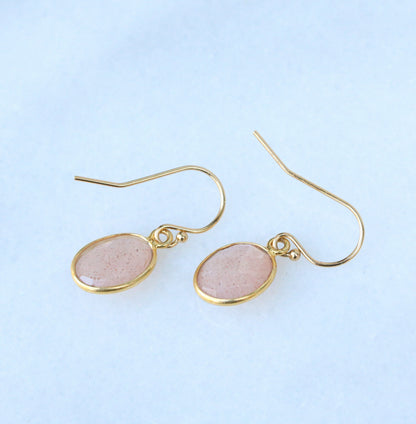 Sunstone Gold Filled Earrings: 14k Bezel Set, Peach Pink Gemstone
