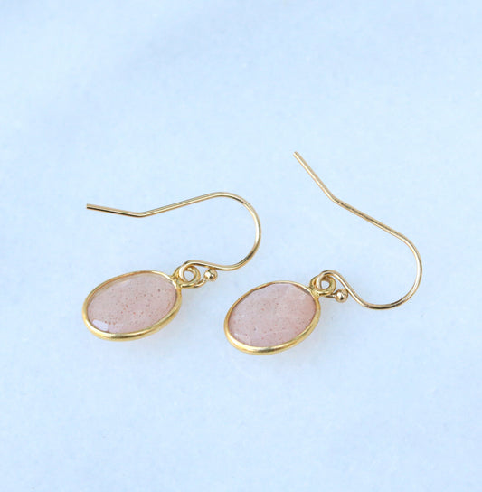 Sunstone Gold Filled Earrings: 14k Bezel Set, Peach Pink Gemstone