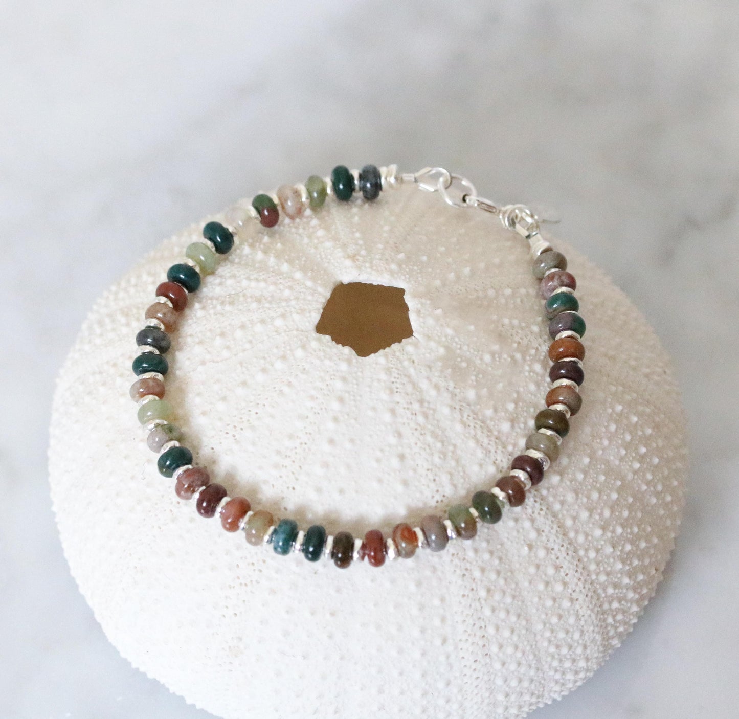 Natural Indian Agate Sterling Silver Rondelle Bracelet