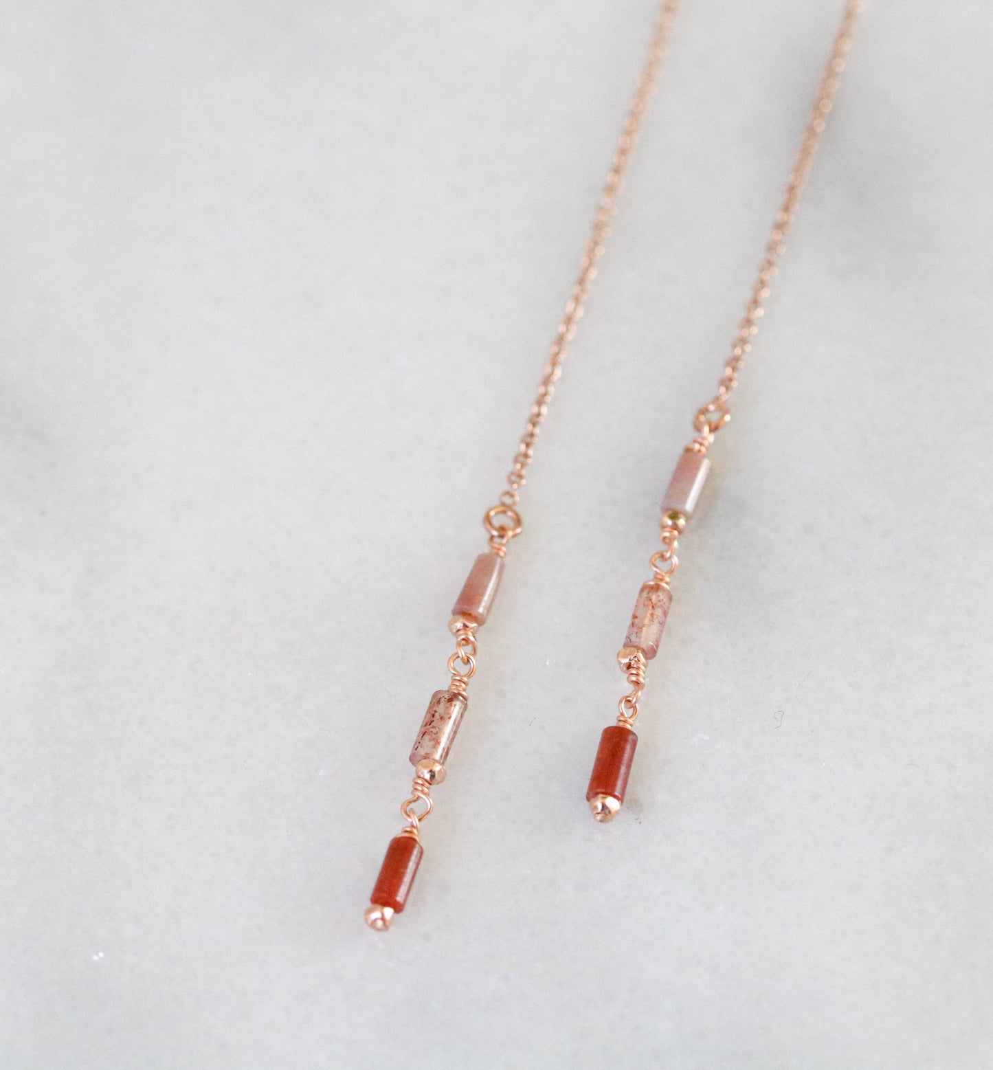 Handmade Indian Agate Threader Earrings: Rose Gold Fill Dangles