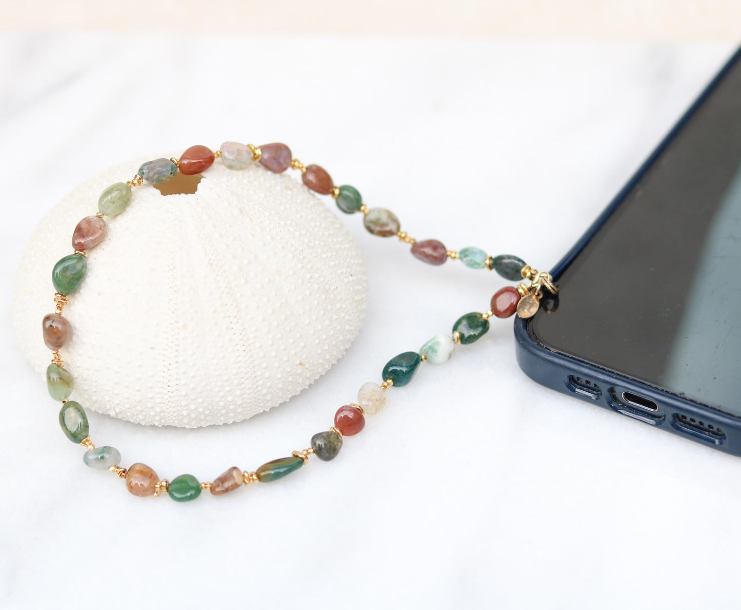 Indian Agate Phone Charm: Gold Vermeil Beaded Phone Lanyard, Handmade in France
