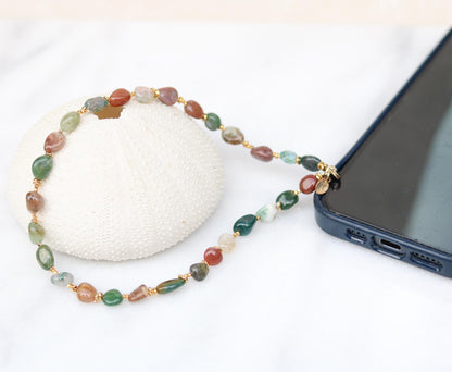 Indian Agate Phone Charm: Gold Vermeil Beaded Phone Lanyard, Handmade in France