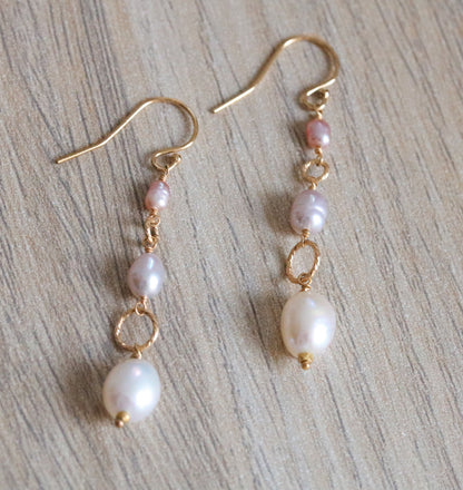 Long 14ct Gold Filled Pearl Earrings: Pink, Grey & White Dangle