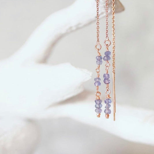 Handmade Tanzanite Threader Earrings: December Birthstone, Gold Fill