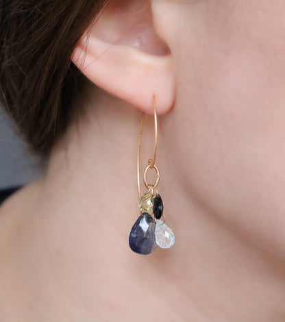 Handmade Gold Earrings: Faceted Tourmaline, Quartz & Iolite Gemstone Cluster