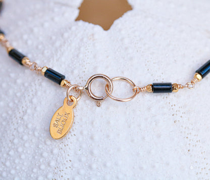 Black Agate Bracelet: Gold Karen Hill Tribe Beads, Dainty Chain