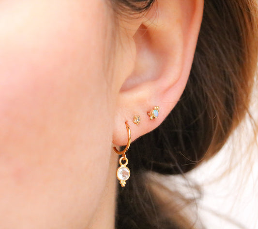 White Topaz Gold Vermeil Huggie Hoop Earrings: Dainty Bezel Set