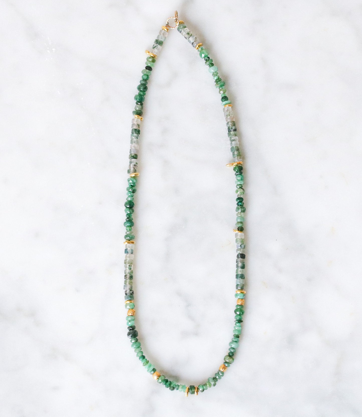Moss Agate & Emerald Heishi Necklace: Gold Vermeil Surfer Choker