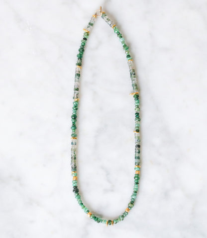 Moss Agate & Emerald Heishi Necklace: Gold Vermeil Surfer Choker