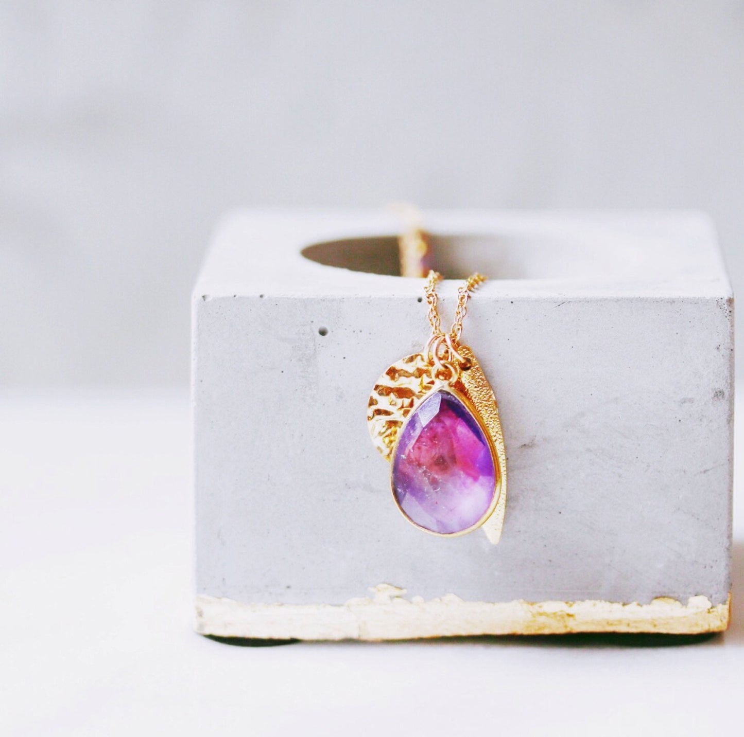 Gold Fill Amethyst Charm Necklace: Vogue Featured, Feather & Coin Charms