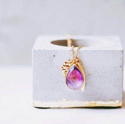 Gold Fill Amethyst Charm Necklace: Vogue Featured, Feather & Coin Charms