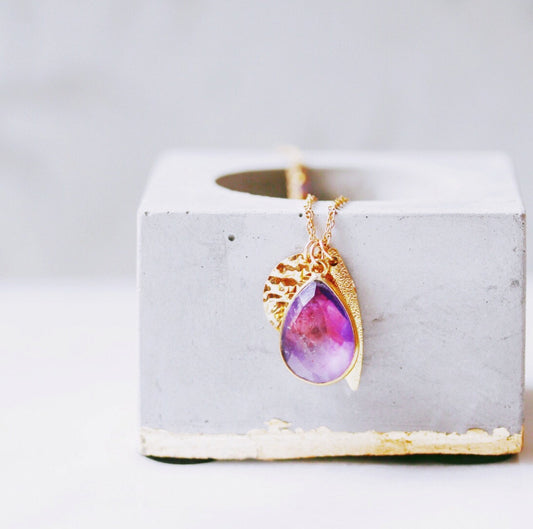 Gold Fill Amethyst Charm Necklace: Vogue Featured, Feather & Coin Charms