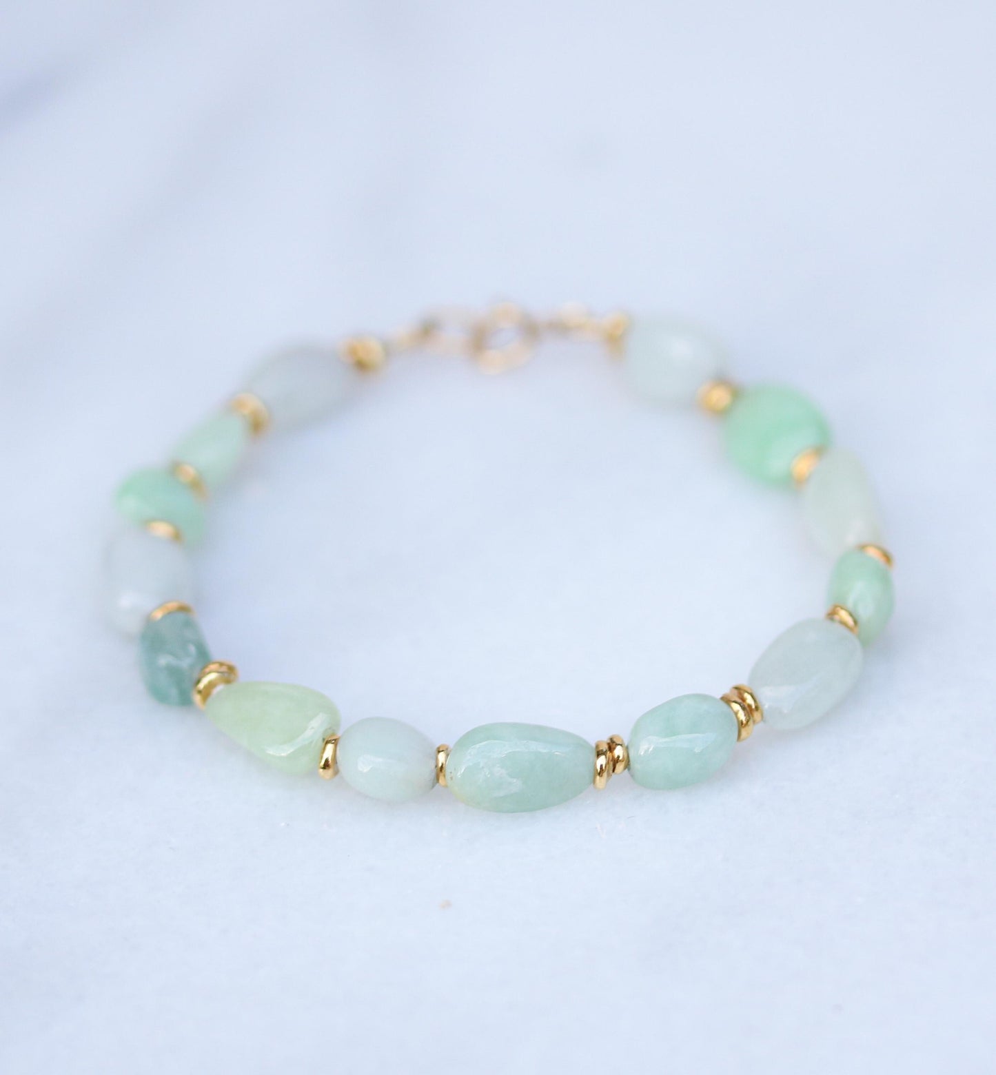 Handmade Jade Beaded Bracelet: Mint Green & White Gemstone with Gold Vermeil