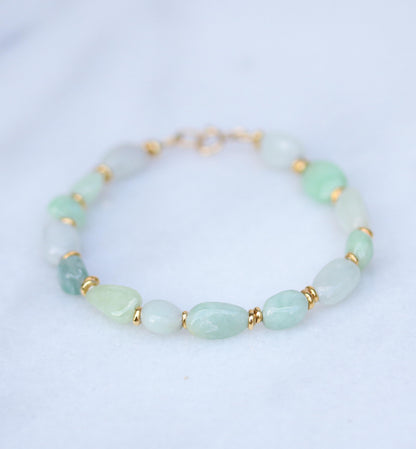 Handmade Jade Beaded Bracelet: Mint Green & White Gemstone with Gold Vermeil