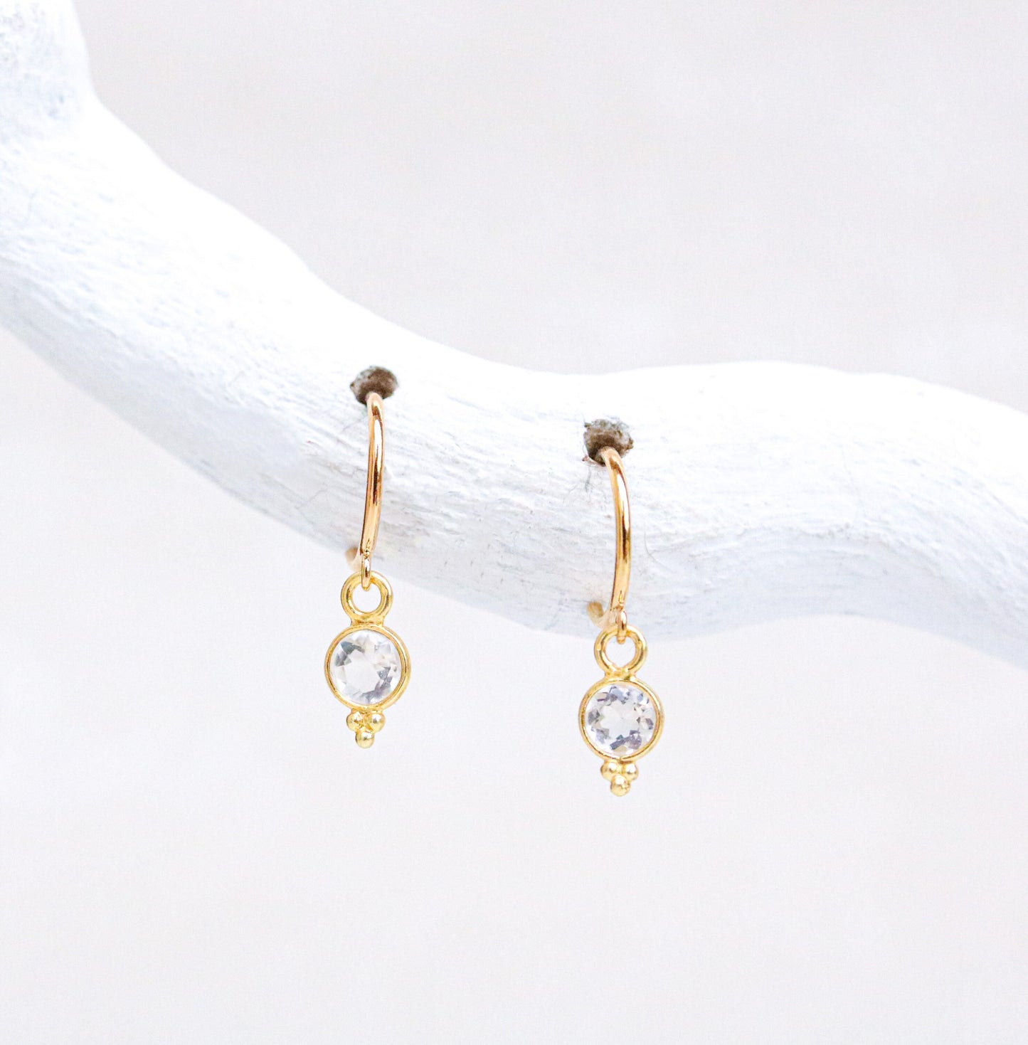 White Topaz Gold Vermeil Huggie Hoop Earrings: Dainty Bezel Set