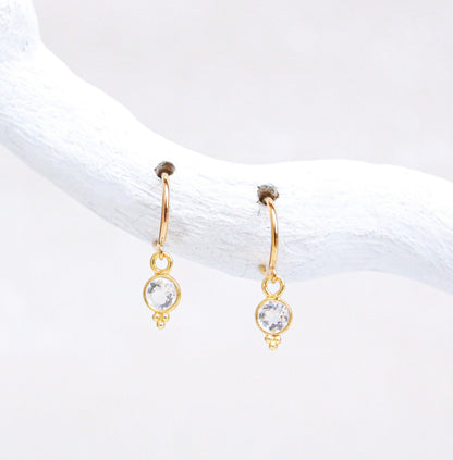 White Topaz Gold Vermeil Huggie Hoop Earrings: Dainty Bezel Set