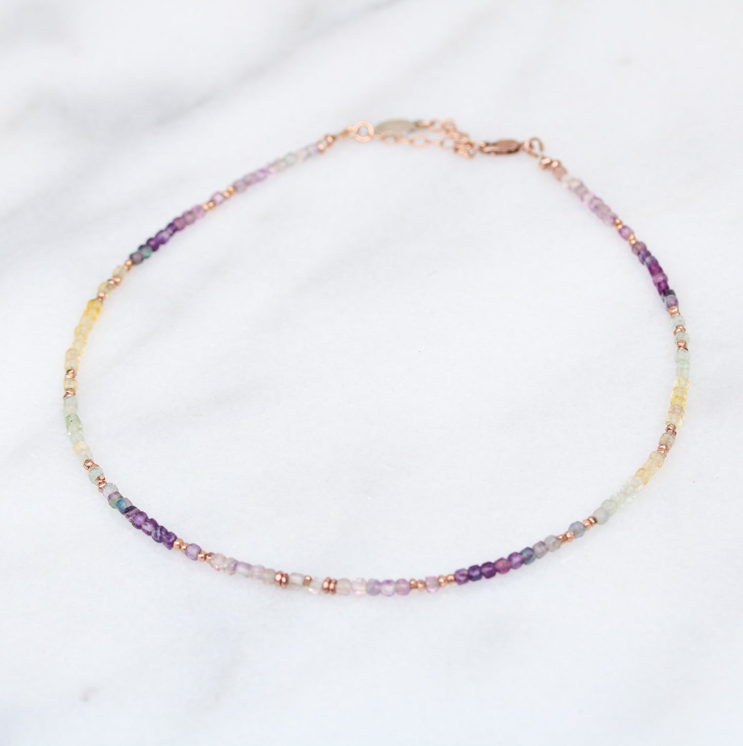 Fluorite Choker: Rose Gold Faceted Mini Cube Rainbow Gemstone Necklace