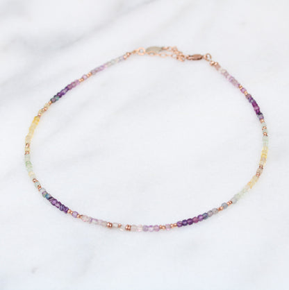 Fluorite Choker: Rose Gold Faceted Mini Cube Rainbow Gemstone Necklace