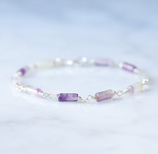 Fluorite Bracelet: Purple & Green Gemstone, Solid Silver Chain