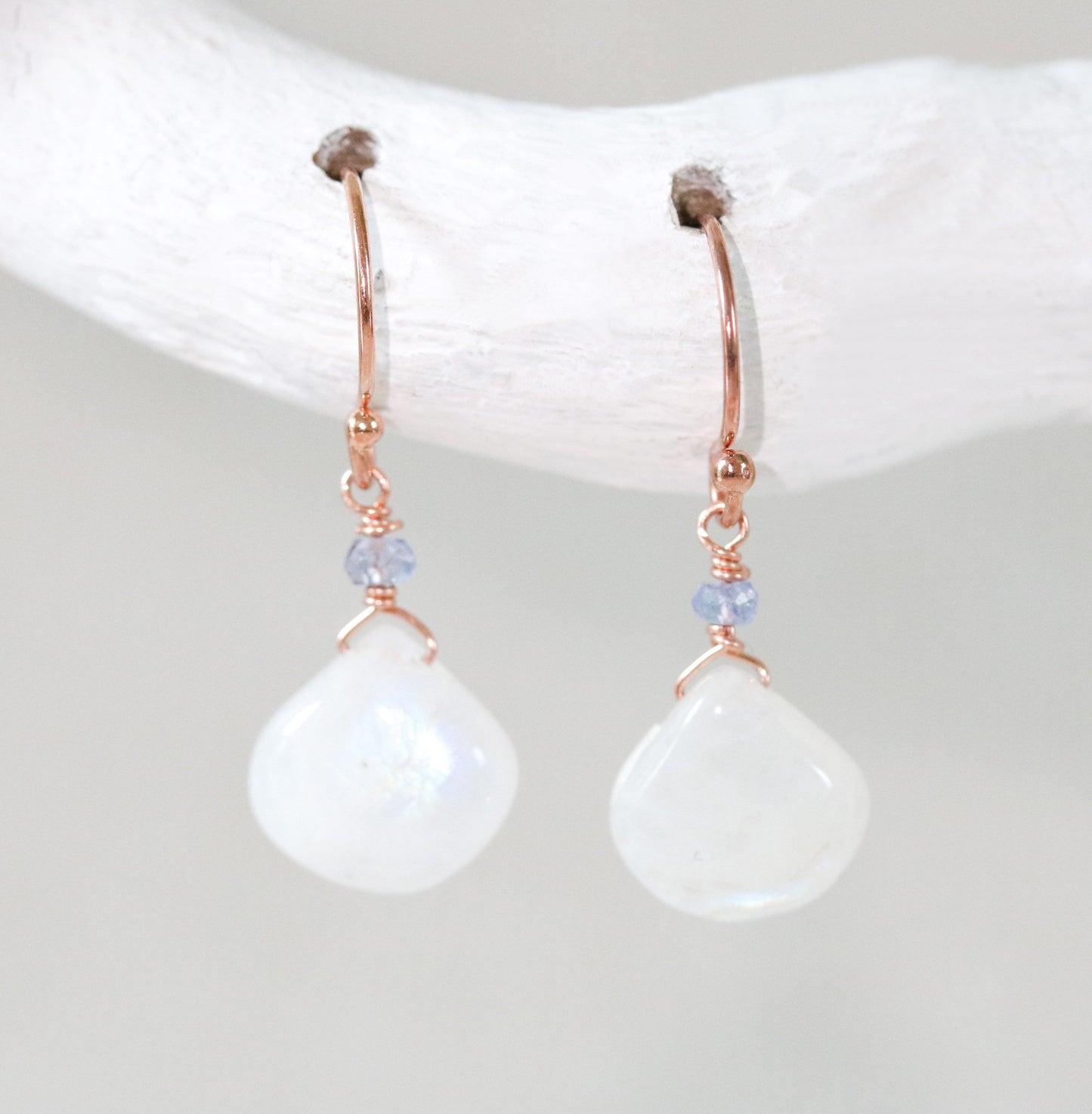 Handmade Moonstone Tanzanite Rose Gold Earrings: December Birthstone