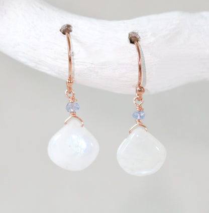 Handmade Moonstone Tanzanite Rose Gold Earrings: December Birthstone
