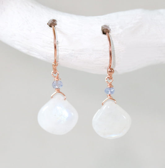 Handmade Moonstone Tanzanite Rose Gold Earrings: December Birthstone