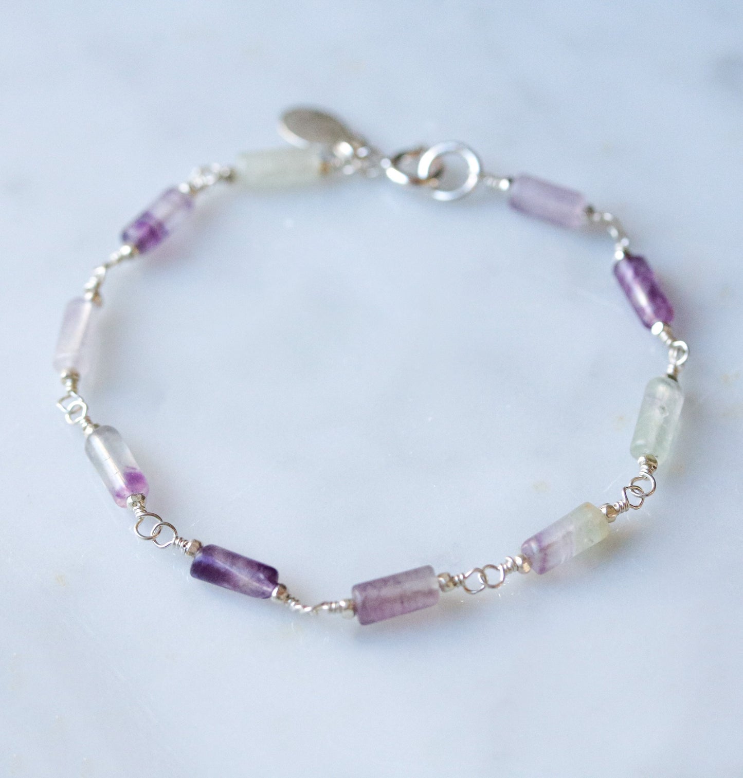 Fluorite Bracelet: Purple & Green Gemstone, Solid Silver Chain