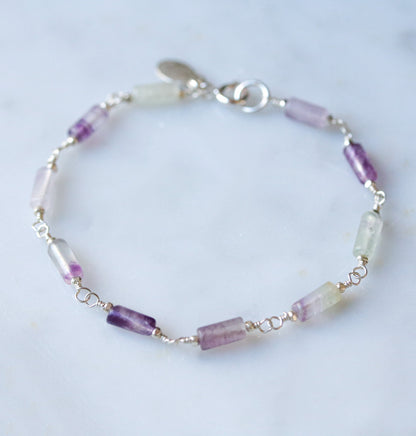 Fluorite Bracelet: Purple & Green Gemstone, Solid Silver Chain