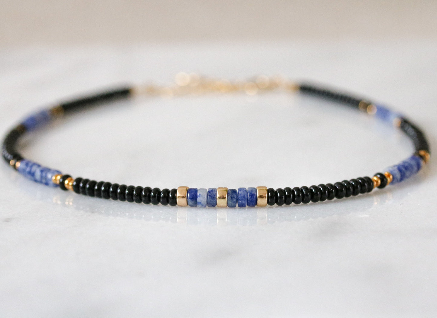 Blue Spot Jasper & Black Onyx Heishi Necklace: Gold Vermeil Surfer Choker