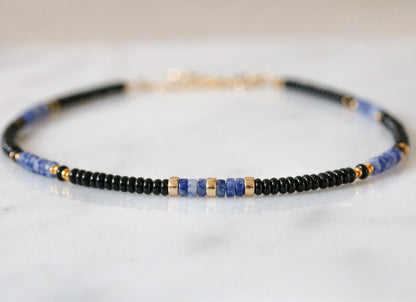 Blue Spot Jasper & Black Onyx Heishi Necklace: Gold Vermeil Surfer Choker