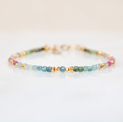 Faceted Tourmaline Mini Cube Bracelet: Gold Karen Hill Tribe Beads